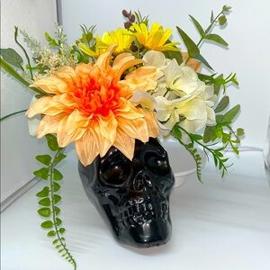 Floral Skull Vase with Orange and Yellow Flowers - Custom - Hand Made
